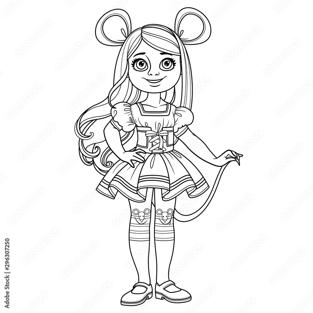 Fototapeta premium Cute girl in carnival costume mouse or rat outlined for coloring page