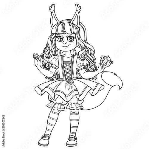 Cute girl in a squirrel costume with fluffy tail outlined for coloring page