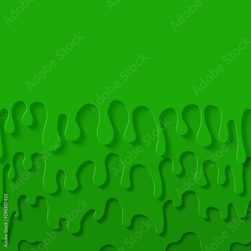 Green slime abstract background in paper cut style. Layers of flow down. Viscous liquid flowing down the wall. Template for Halloween flyer design. Papercut silhouette drops. Vector card illustration.