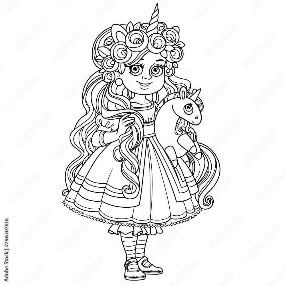 Cute girl in dress and tiara with a plush unicorn in hands outlined for coloring page Cute girl in dress and tiara with a plush unicorn in hands outlined for coloring page