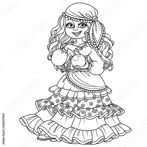 Cute girl in gypsy carnival costume with a fortune-telling ball in hand outlined for coloring page