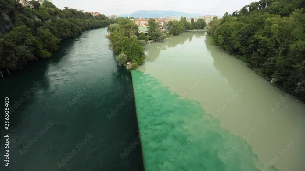 Aerial drone flight over Rhone and Arve river confluence, Geneva, Switzerland, 4k Aerial drone flight over Rhone and Arve river confluence, Geneva, Switzerland, 4k