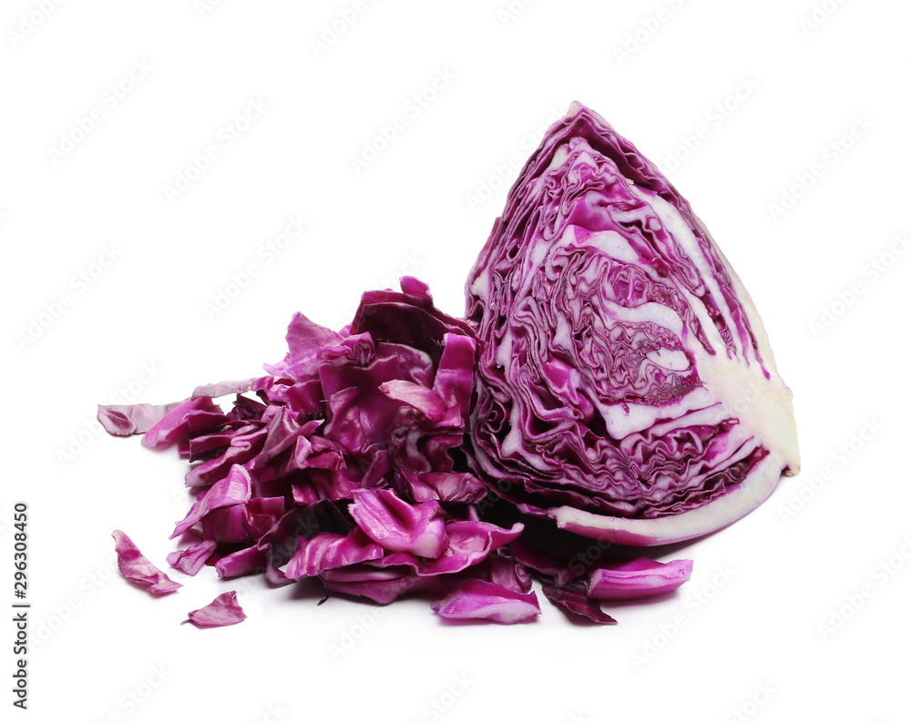 Chopped up, sliced and diced red, purple cabbage isolated on white background Chopped up, sliced and diced red, purple cabbage isolated on white background