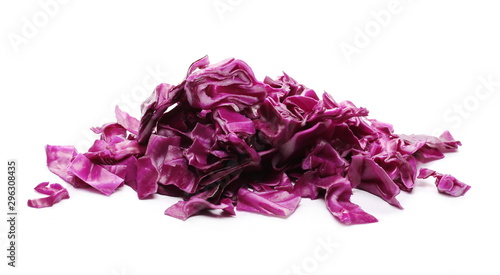 Fotografi Chopped up, sliced and diced red, purple cabbage isolated on white background