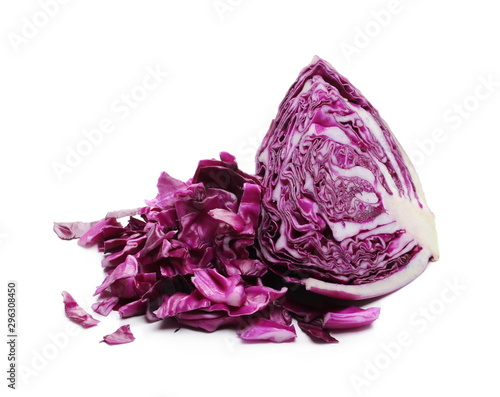 Chopped up, sliced and diced red, purple cabbage isolated on white background