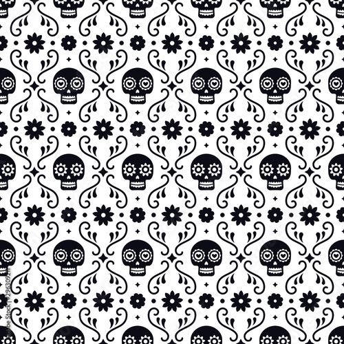 Day of the dead seamless pattern with skulls and flowers on white background. Traditional mexican Halloween design for Dia De Los Muertos holiday party. Ornament from Mexico.