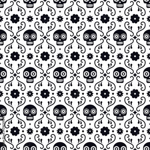 Day of the dead seamless pattern with skulls and flowers on white background. Traditional mexican Halloween design for Dia De Los Muertos holiday party. Ornament from Mexico.