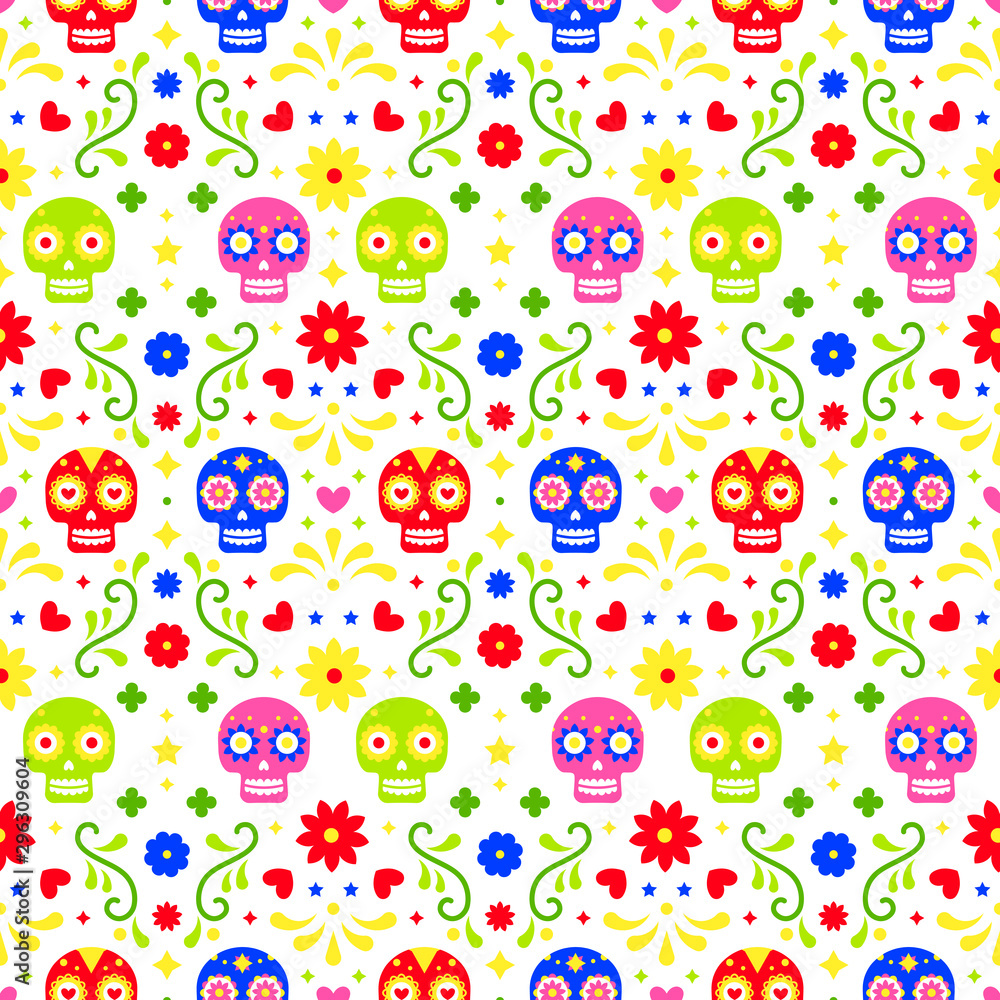 Day of the dead seamless pattern with colorful skulls and flowers on white background. Traditional mexican Halloween design for Dia De Los Muertos holiday party. Ornament from Mexico. Day of the dead seamless pattern with colorful skulls and flowers on white background. Traditional mexican Halloween design for Dia De Los Muertos holiday party. Ornament from Mexico.