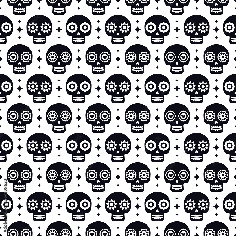 Day of the dead seamless pattern with skulls on white background. Traditional mexican Halloween design for Dia De Los Muertos holiday party. Ornament from Mexico. Day of the dead seamless pattern with skulls on white background. Traditional mexican Halloween design for Dia De Los Muertos holiday party. Ornament from Mexico.