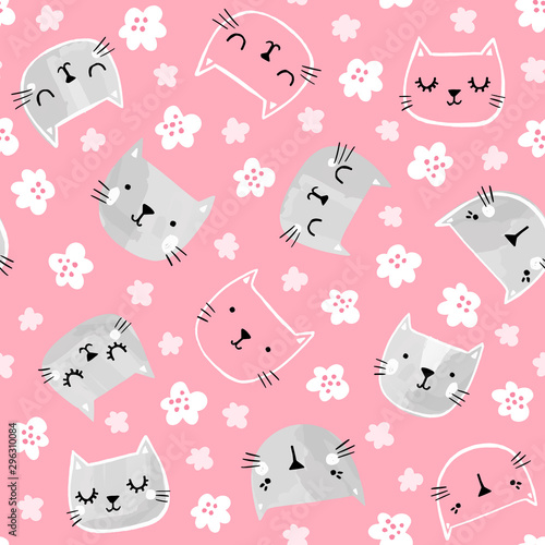 Cute cat vector pattern with flowers. Hand drawn funny cat faces. Spring girly seamless background print.