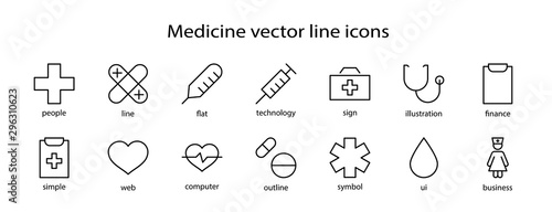 Set of Medicine vector line icons. It contains the first aid kit, nurse, syringe, thermometer, plastic, pills, heart, drop of blood, palpitation and much more. Editable Stroke. 32x32 pixels.