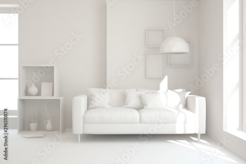 Mock up of stylish room in white color with sofa. Scandinavian interior design. 3D illustration