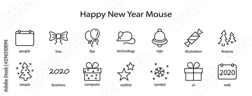 Happy New Year Mouse. Set vector line icon. Contains such Icons as Mouse, Christmas Tree, Calendar 2020, Bow, Balloons, Bell, Candy, Gift Box, Stars, Snowflake. Editable Stroke. 32x32 Pixel Perfect photo