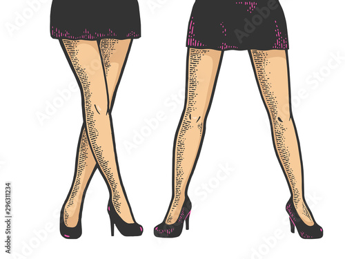 Young woman legs in short sexy mini skirt sketch engraving vector illustration. T-shirt apparel print design. Scratch board style imitation. Black and white hand drawn image.