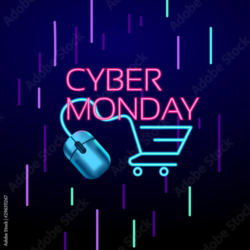 Cyber Monday colorful neon style conceptual sign sales background, banner, poster, flyer template