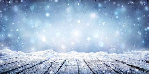 Winter Table - Snowy Plank With Snowfall In The Cold Sky