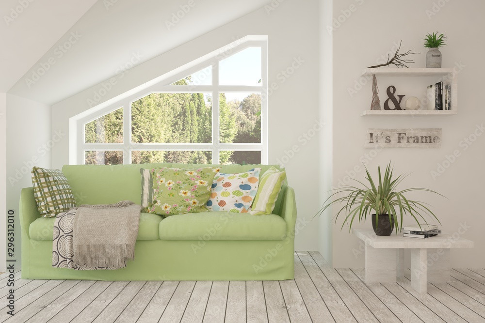 Stylish room in white color with sofa and summer landscape in window. Scandinavian interior design. 3D illustration Stylish room in white color with sofa and summer landscape in window. Scandinavian interior design. 3D illustration