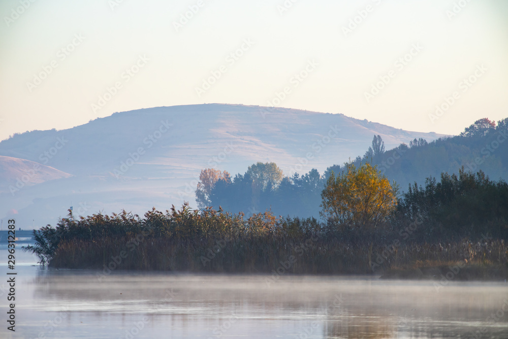 Fototapeta Golden autumn trees and lake. Autumn landscape, sunny morning.
