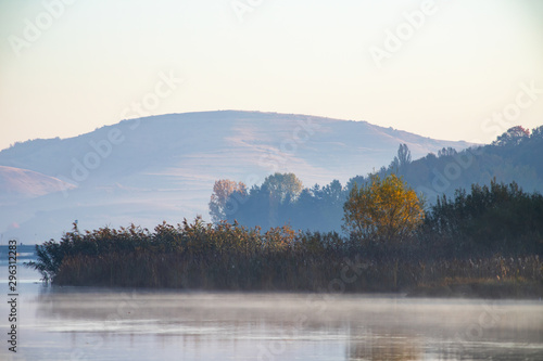 Golden autumn trees and lake. Autumn landscape, sunny morning. © erika8213