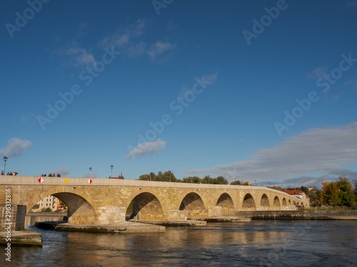The Stone Bridge in Regensburg, Bavaria on a sunny day in October