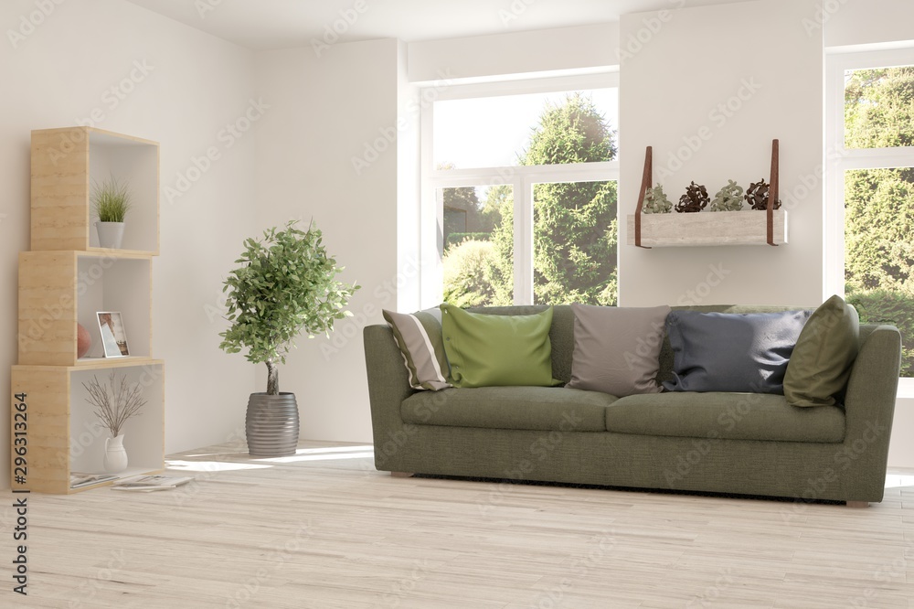 Stylish room in white color with sofa and summer landscape in window. Scandinavian interior design. 3D illustration Stylish room in white color with sofa and summer landscape in window. Scandinavian interior design. 3D illustration
