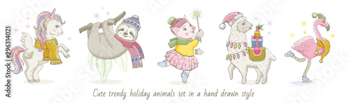 Christmas cute magic tropical animal unicorn, sloth, pig, lama, flamingo. Hand drawn trendy doodle icon set. Merry Xmas Happy New year cartoon sketch. Watercolor vector illustration isolated white