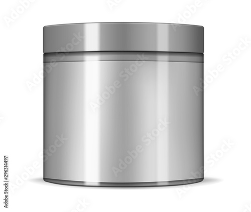 Round cosmetic jar with lid and blank label isolated on white background, realistic mockup illustration. Beauty product packaging container with screw cap, vector template
