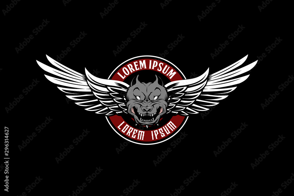 Obraz premium pitbull or dog head with wing vector emblem logo template