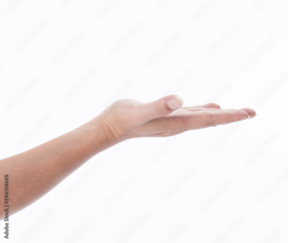 Closeup of male hand pointing. on white background.. Closeup of male hand pointing. on white background..