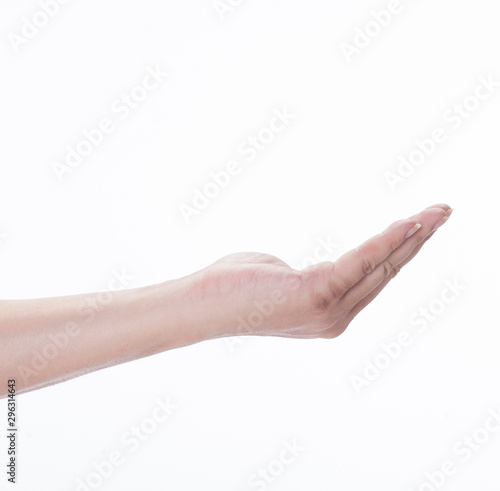Closeup of male hand pointing. on white background..