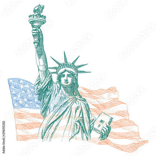 Engraving style illustration of Statue of Liberty with United States flag on background, vector, layered. 