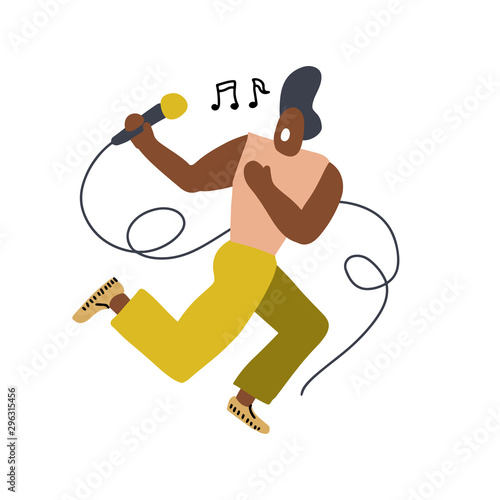 Funny singer with a microphone, made in doodle style. Single Man dancing and singing on stage. Vector flat illustration.