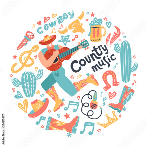 Round concept with misician cowboy and country misic elements. Guitar with written lettering for postcards or festival banners. Vector flat doodle hand drawn Illustration.