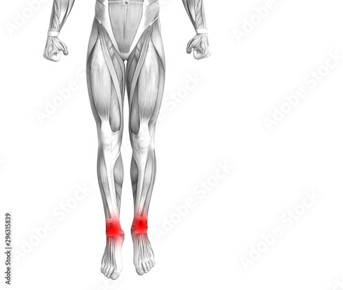 Conceptual ankle human anatomy with red hot spot inflammation or articular joint pain for leg health care therapy or sport muscle concepts. 3D illustration man arthritis or bone osteoporosis disease