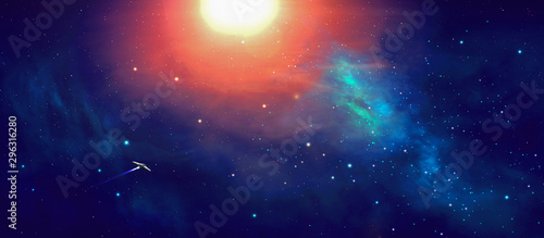 Space panoramic background. Sun shine to colorful nebula with spaceship. Elements furnished by NASA. 3D rendering