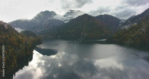 Ritsa Lake, Ritsa Relict National Park, Abkhazia. Aerial drone flight photo