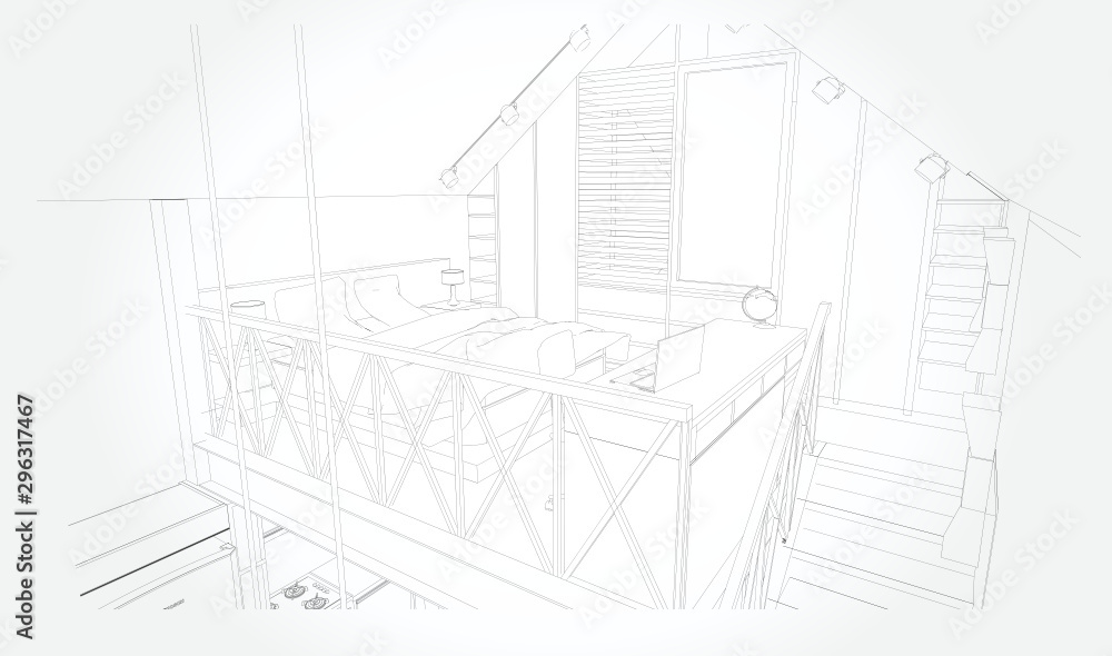 Linear sketch of an interior. Room plan. Sketch Line bedrooms. Vector illustration.outline sketch drawing perspective of a interior space.