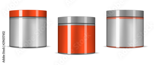 Cosmetic cylinder bottle with lid and blank label set, realistic mockup illustration. Skin care cream, hair mask or other beauty product jar. Vector template. Easy to recolor