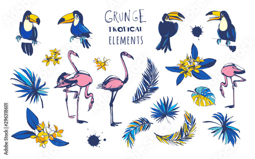 Tropical summer party design set palm leaves, tropical flowers, birds.