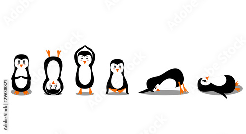 Penguin practices yoga in different asanas
