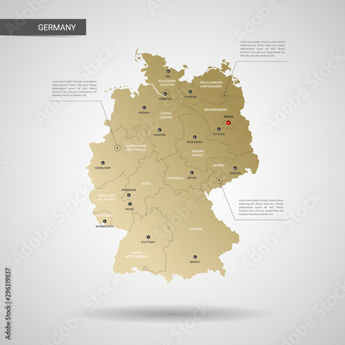 Stylized vector Germany map.  Infographic 3d gold map illustration with cities, borders, capital, administrative divisions and pointer marks, shadow; gradient background.