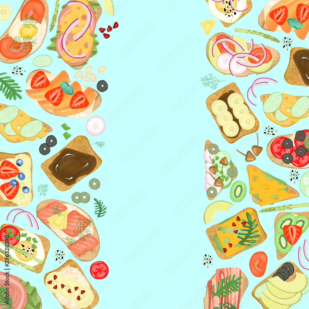 Borders of sandwiches with different ingredients, hand drawn on a turquoise background