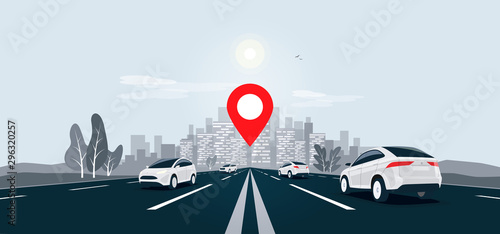 Traffic cars on highway to city skyline landscape motorway panoramic horizon view. Vector cartoon illustration with vehicle on street driving on infinite road with navigation map location pointer.