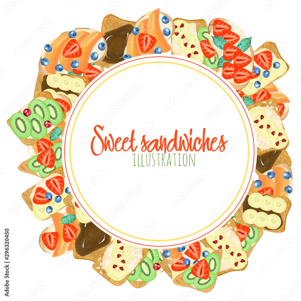 Round logo template of sweet sandwiches, hand drawn on a white background Round logo template of sweet sandwiches, hand drawn on a white background