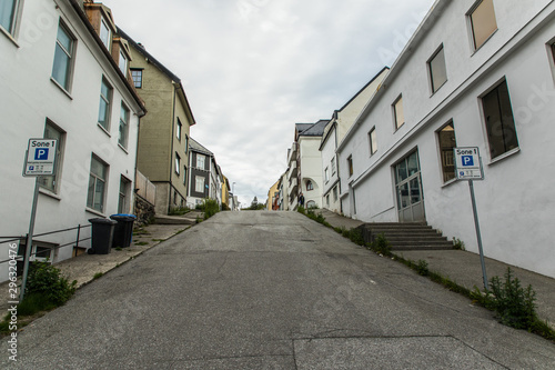 ALESUND, Norway - June, 2019: Street of Norwegian town Alesund with Art Nouveau architecture.