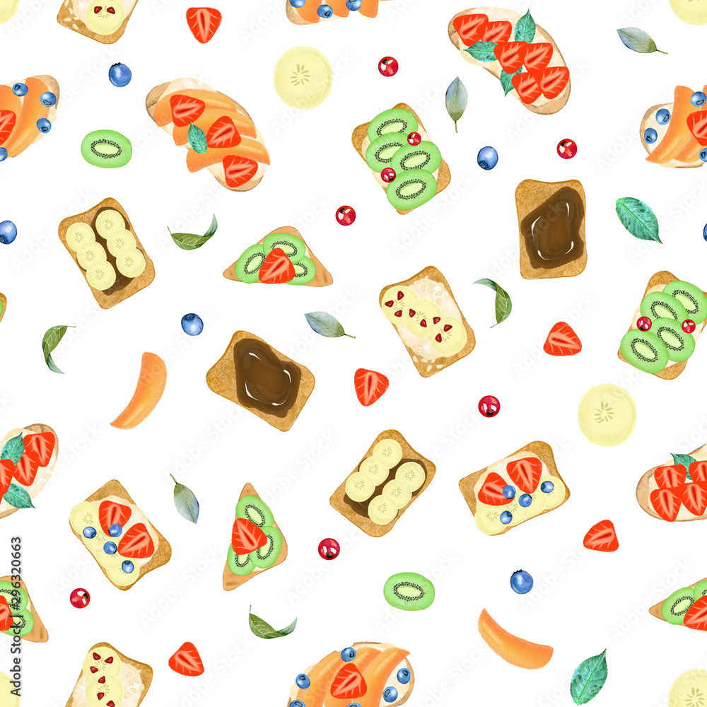 Seamless pattern of sweet toasts with different ingredients, hand drawn isolated on a white background Seamless pattern of sweet toasts with different ingredients, hand drawn isolated on a white background