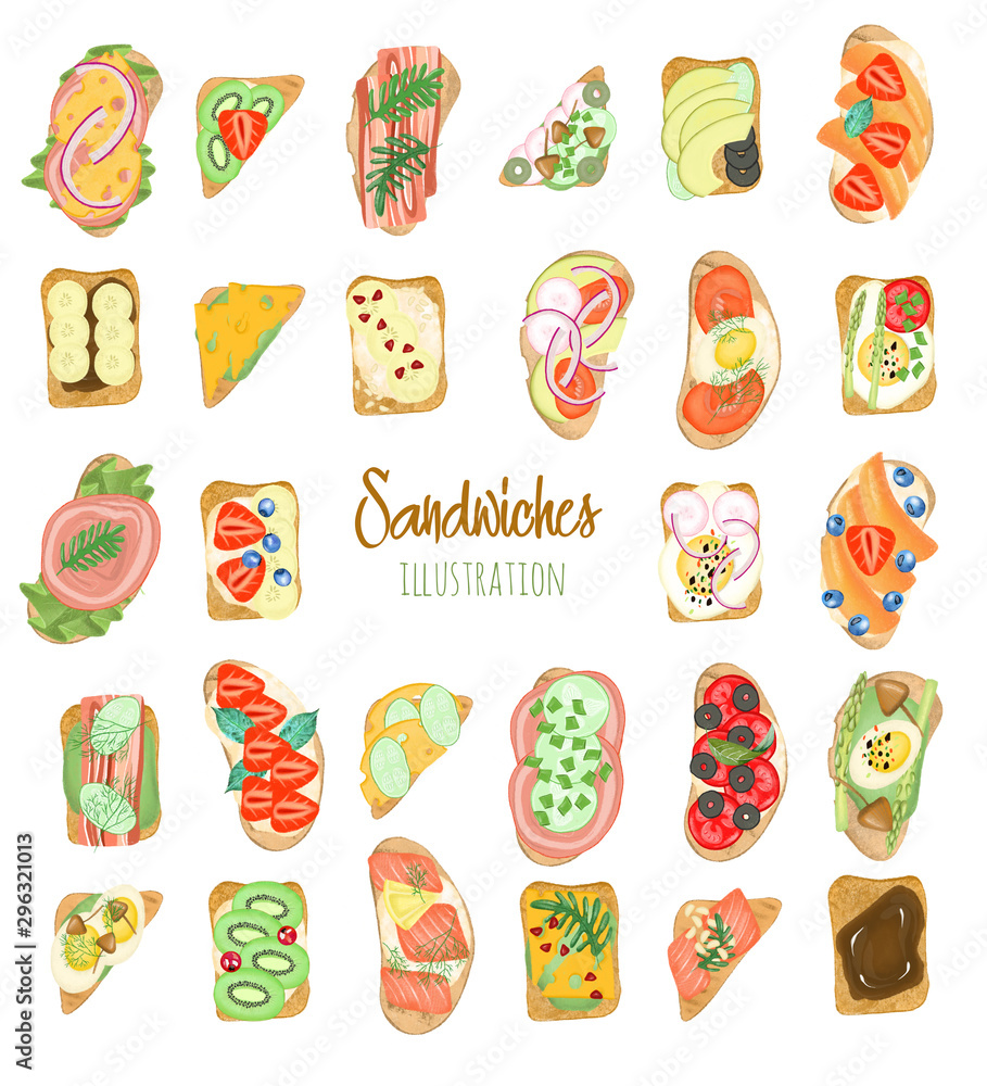 Collection of toasts with different ingredients, hand drawn isolated on a white background