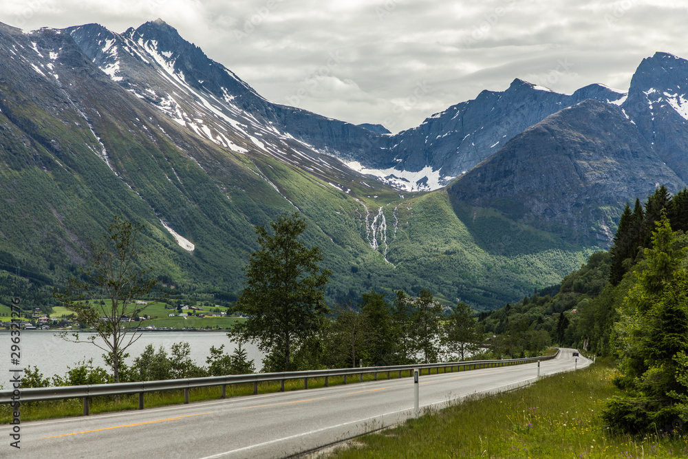 Scenic country road and beautiful mountains in Norway