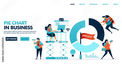 Pie chart for reports in business. Company profit report. People work around pie charts. Profits to corporate progress. Running a smart business. Human illustration for website, mobile apps, poster