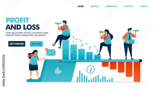 Profit and loss in running a business. Company performance report. Risk of company defaults. People attention to performance decline barchart. Human illustration for website, mobile apps, poster